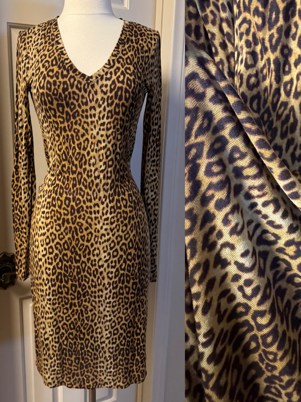 BCBG Leopard Print V-Neck Long Sleeve Extra Light Luxury Knit Dress - Tan/Black